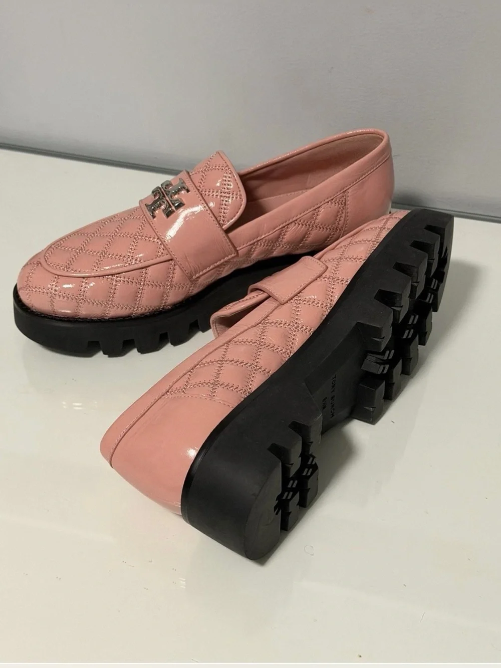 Tory Burch Blush Quilted Leather Loafers with Logo Accent